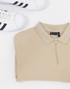Поло из вафельного трикотажа бежевого цвета с длинным рукавом ASOS DESIGN-Бежевый