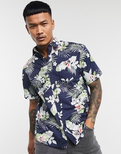 Темно-синяя рубашка с короткими рукавами и принтом Jack & Jones Originals-Темно-синий