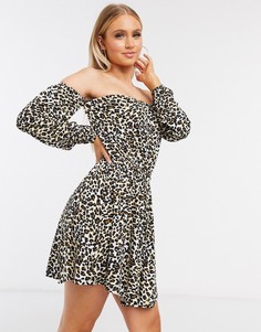 Платье мини со спущенными плечами и леопардовым принтом ASOS DESIGN-Бежевый
