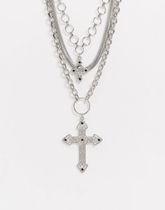 Серебристое ярусное ожерелье с подвеской-крестом Topshop-Серебряный