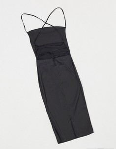 Черное атласное платье-комбинация мини со свободным воротом NaaNaa-Черный