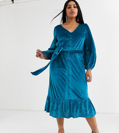 Бархатное платье миди цвета морской волны с вышивкой ришелье ASOS DESIGN Curve-Синий