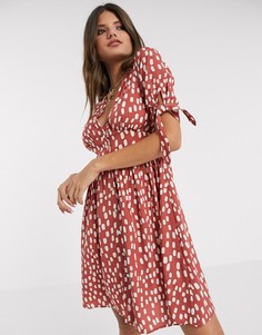 Чайное платье рыжего цвета с пышными рукавами и пятнистым принтом Vero Moda-Мульти