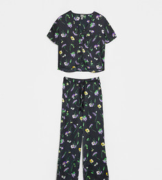 Атласные брюки и рубашка с цветочным принтом ASOS DESIGN Petite-Черный