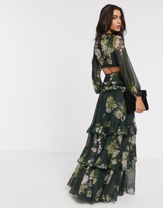 Платье макси с длинными рукавами и цветочным принтом ASOS DESIGN-Мульти