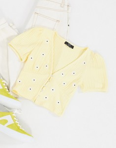 Желтая короткая футболка на пуговицах с цветочным принтом Bershka-Желтый