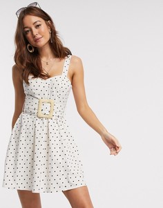 Короткое приталенное платье мини в горошек с поясом ASOS DESIGN-Мульти