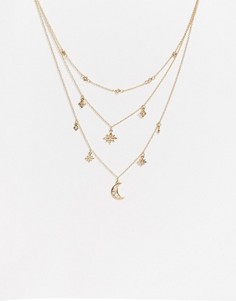 Золотистое ожерелье в несколько рядов с подвесками в виде звезд и полумесяца ASOS DESIGN-Золотой