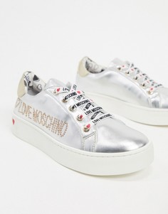 Серебристые кроссовки на шнуровке с отделкой Love Moschino-Серебряный