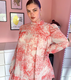 Платье с розовым принтом и объемными рукавами In The Style Plus x Lorna Luxe-Мульти
