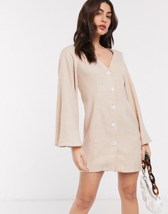 Светло-бежевое платье мини на пуговицах с расклешенными рукавами ASOS DESIGN-Бежевый