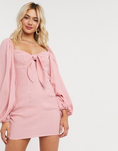 Розовое платье мини с пышными рукавами и завязкой In The Style x Lorna Luxe-Розовый