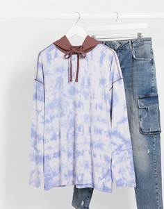 Oversized-лонгслив с капюшоном и синим принтом тай-дай ASOS DESIGN-Синий