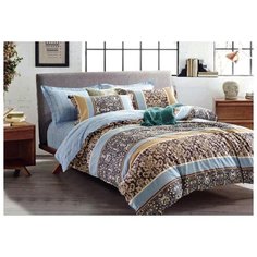 Постельное белье евростандарт Cleo Satin de Luxe 413-SK, сатин коричневый/голубой