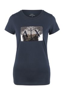 Синяя хлопковая футболка с отделкой пайетками Armani Exchange