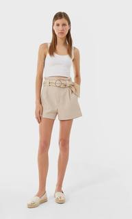 Stradivarius Шорты С Защипами И Ремнем Женская Коллекция Цвет Камня L