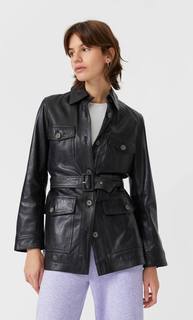 Stradivarius Кожаная Куртка Сафари С Поясом Женская Коллекция Черный S