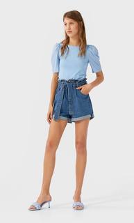 Stradivarius Топ С Вышивкой Плюмети И Объемными Рукавами Женская Коллекция Небесно-Голубой S