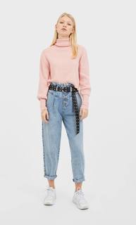 Stradivarius Свитер Из Рифленого Трикотажа С Объемными Рукавами Женская Коллекция Розовый L