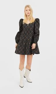 Stradivarius Мини-Платье Из Поплина С Объемными Рукавами Женская Коллекция Черный L