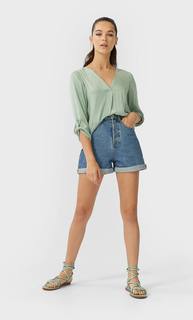 Stradivarius Блуза С Рукавами 3/4 И V-Образным Вырезом Женская Коллекция Пастельно-Зеленый M
