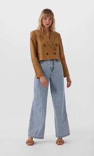 Stradivarius Укороченный Двубортный Пиджак Женская Коллекция Бежевый S