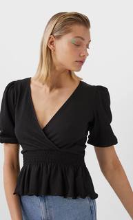 Stradivarius Топ С V-Образным Вырезом, Запа́хом И Сборкой Женская Коллекция Черный Xl