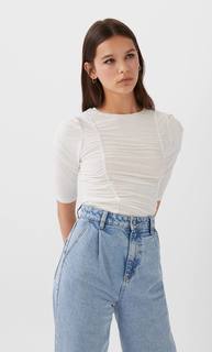 Stradivarius Футболка С Драпировкой Женская Коллекция Цвет Небеленого Полотна L