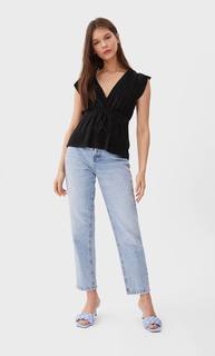 Stradivarius Топ С Плиссировкой И V-Образным Вырезом Женская Коллекция Черный L