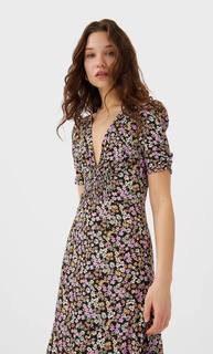 Stradivarius Платье Миди С Воланами И Цветочным Принтом Женская Коллекция Multicolor S