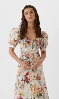 Stradivarius Платье Миди С Принтом И Объемными Рукавами Женская Коллекция Цвет Небеленого Полотна M