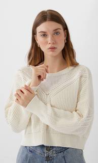 Stradivarius Свитер С V-Образным Вырезом И Узором «Косы» Женская Коллекция Цвет Небеленого Полотна M