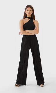 Stradivarius Широкие Брюки Из Рельефной Ткани Женская Коллекция Черный Xl