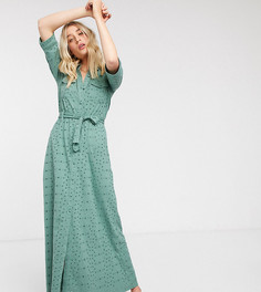Платье-рубашка макси цвета хаки с вышивкой ришелье ASOS DESIGN Tall-Зеленый