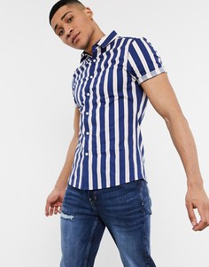Приталенная рубашка в полоску темно-синего и розового цвета ASOS DESIGN-Темно-синий