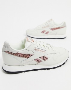 Белые кожаные кроссовки с леопардовым принтом на вставках Reebok Classic-Черный
