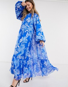 Синее платье макси oversized с цветочным принтом ASOS EDITION-Мульти