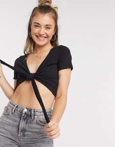 Черный трикотажный топ с запахом Monki