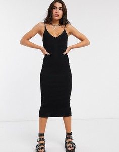 Черное трикотажное платье миди на бретелях Bershka-Черный