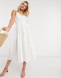 Белое платье миди на бретелях с ярусной юбкой Selected Femme-Коричневый