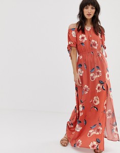 Band of off shoulder maxi dress with tie sleeves in red floral print-Красный