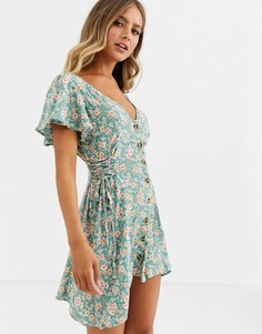 Band of tie side skater dress in green floral print-Зеленый