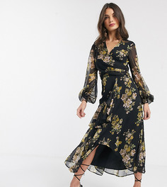 Платье миди оливкового цвета с запахом и двухслойной юбкой ASOS DESIGN-Мульти
