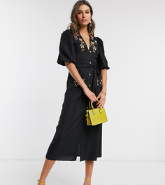 Черное чайное платье миди с пуговицами и вышивкой ASOS DESIGN Tall-Черный