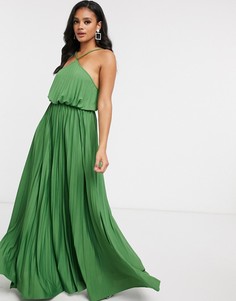 Зеленое платье-халтер макси с плиссировкой ASOS DESIGN-Розовый