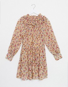 Бежевое свободное платье с оборками и цветочным принтом Only-Бежевый