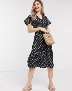 Черное ярусное платье миди в горошек River Island-Черный