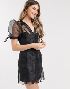 Черное чайное платье мини из органзы с объемными рукавами ASOS DESIGN-Черный