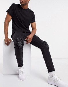 Черные рваные джинсы с принтом пейсли на вставке Sixth June-Черный
