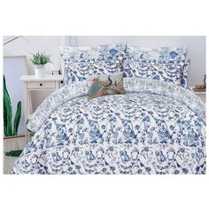 Постельное белье евростандарт Mona Liza Ceramic Blue on white, сатин голубой/белый